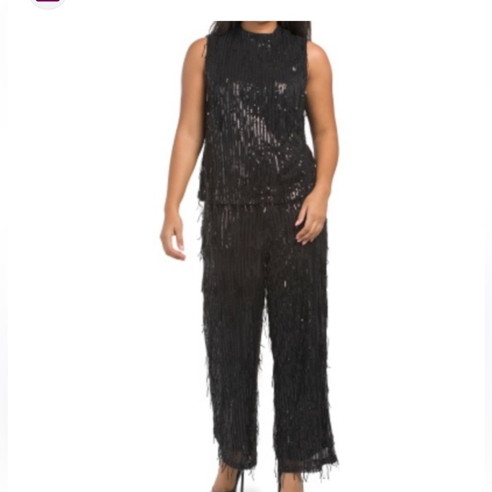 Nanette Lepore Black Sequin fringe 2 piece top and wide leg pants NWOT formal M